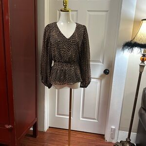 1. State Brown and Black Fitted Peplum Blouse with Long Sleeves